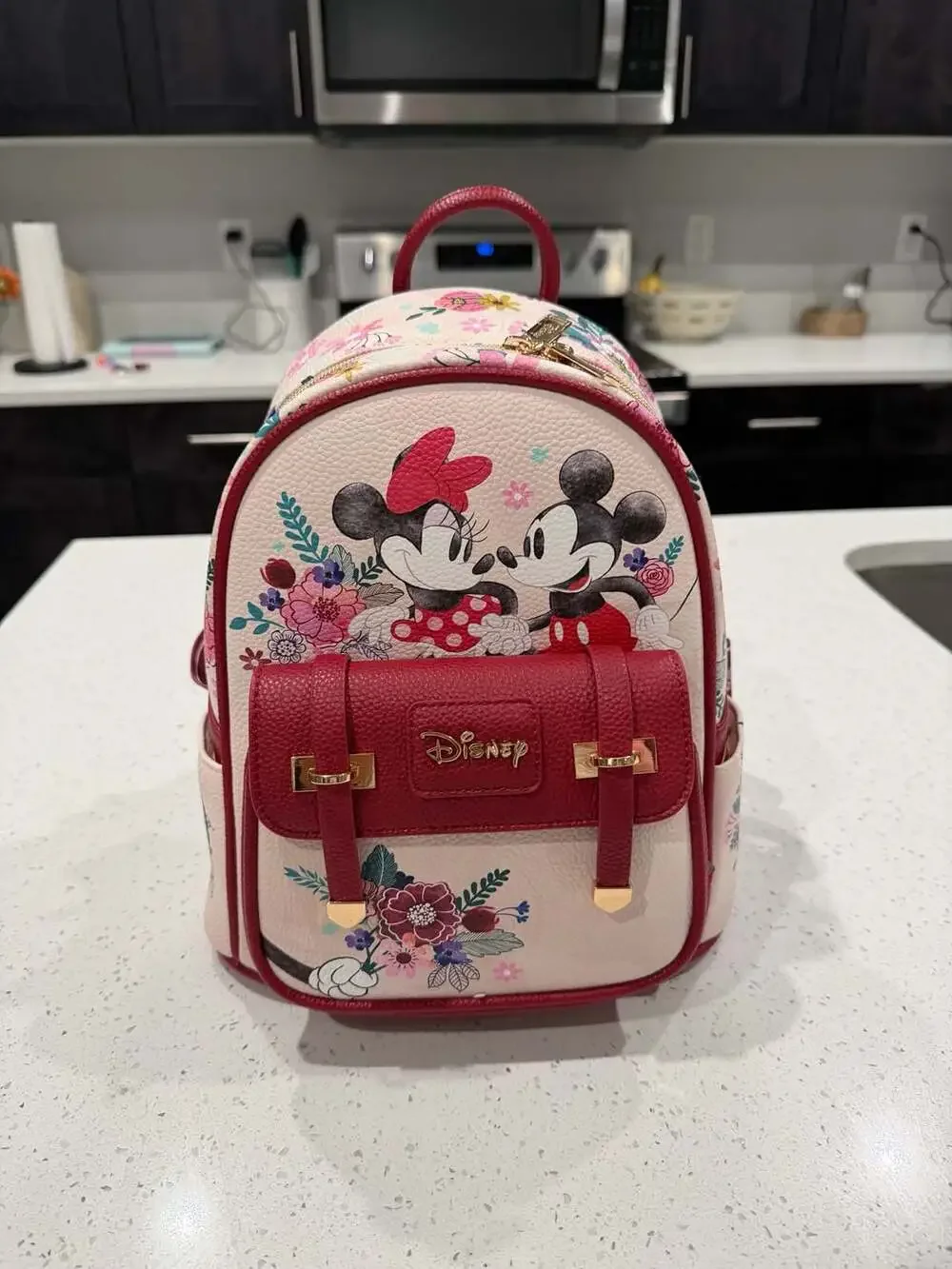 Disney Mickey and Minnie Mouse Floral Vegan Leather Mini Backpack